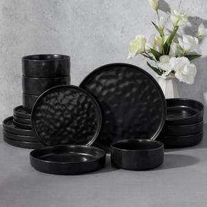E-far 16-Piece Black Plates and Bowls Sets with Pasta Bowls - Stoneware Dinnerware Set for 4, Modern Ribbed Matte Black Kitchen Dishes, Microwave & Dishwasher Safe