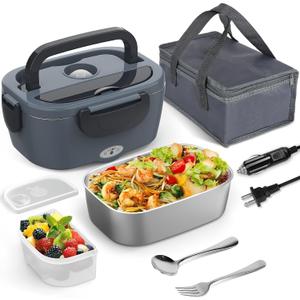 Electric Heated Lunch Box for Car, Truck, Home  1.5L 60-80W Portable Food Warmer with 12V/24V/110V Plug Stainless Steel Leakproof Container  Hot Meal Solution for Work, Travel, Jobsite, Camping (Black & Grey)