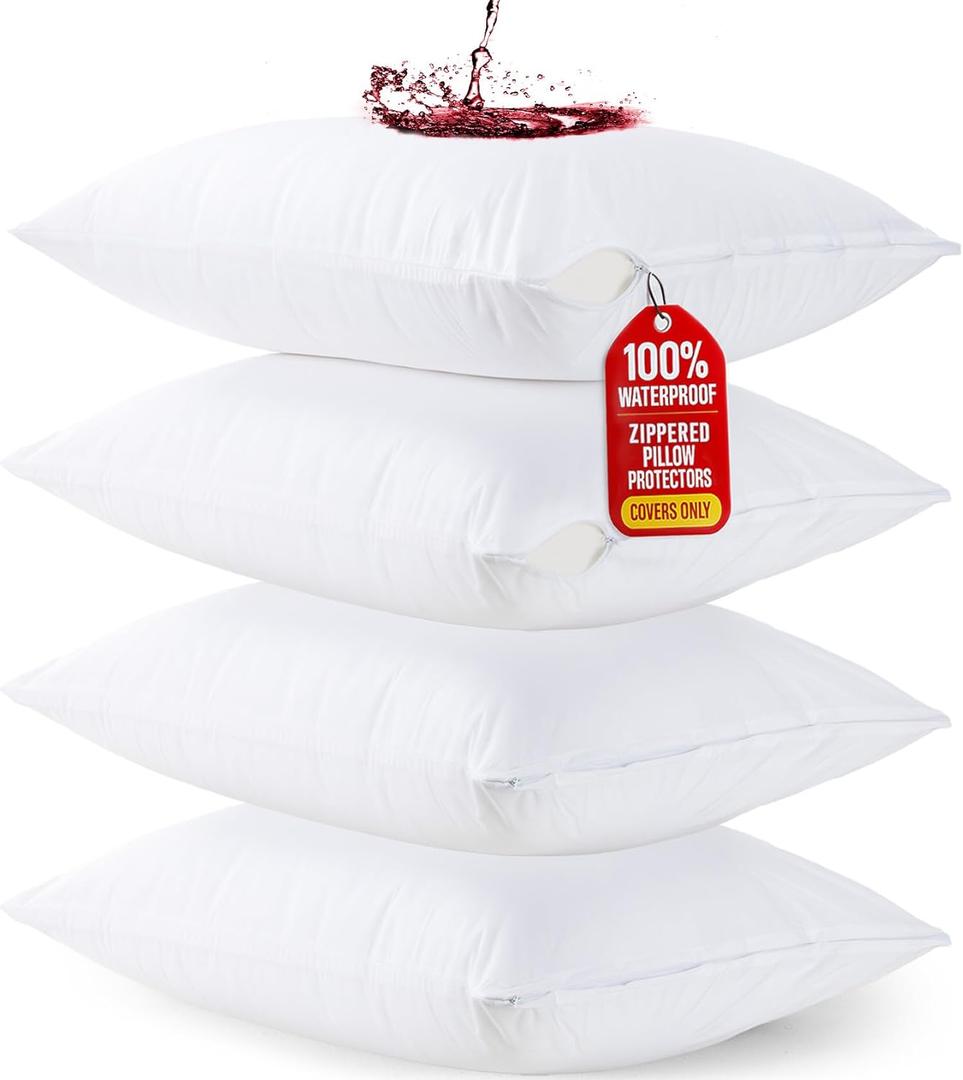 Utopia Bedding Waterproof Queen Size Pillow Protectors Zippered (4 Pack, White), Dust Mite and Bed Bug Proof Pillow case Protectors, Moisture Wicking Pillow Encasement Covers 20 x 28 Inches