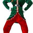 GRAJTCIN Unisex Christmas Elf Costume Adult 6 Pieces Velvet Santa's Helper Holiday Cosplay Outfit (Green)