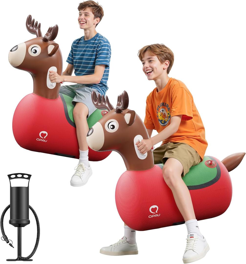 QPAU Inflatable Reindeer Hopper Bouncy Toy 2PCS with Fabric Cover & Pump, Ride On Toys for Kids 5+ & Adults, Christmas Reindeer Inflatable Animal Bouncer, Outdoor Play