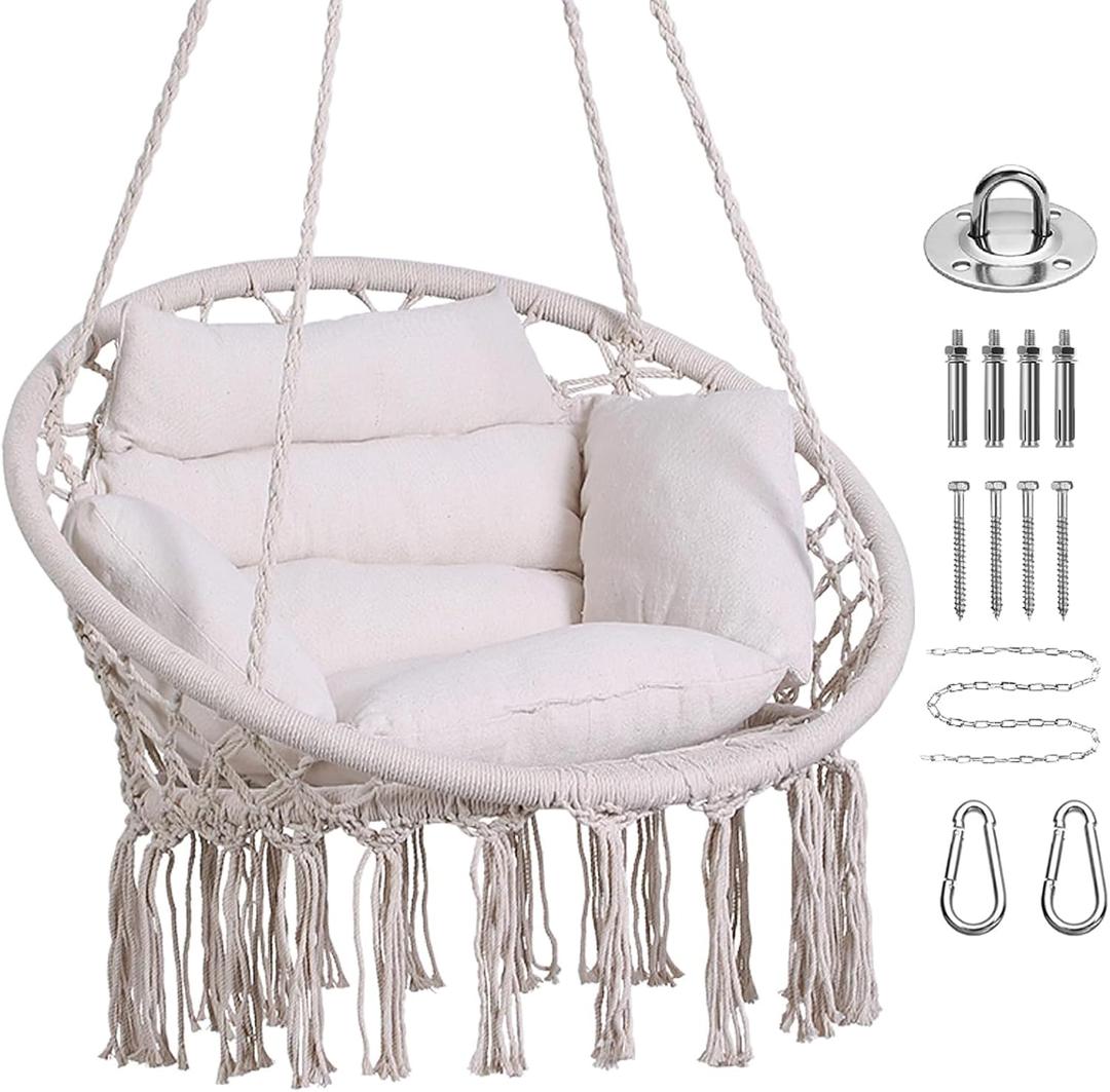 Goutime Hammock Chair, Macrame Hanging Swing Chairs with Cushion and Hardware Kit,Adult Boho Swings for Outside,Patio,Balcony,Bedroom (Beige)