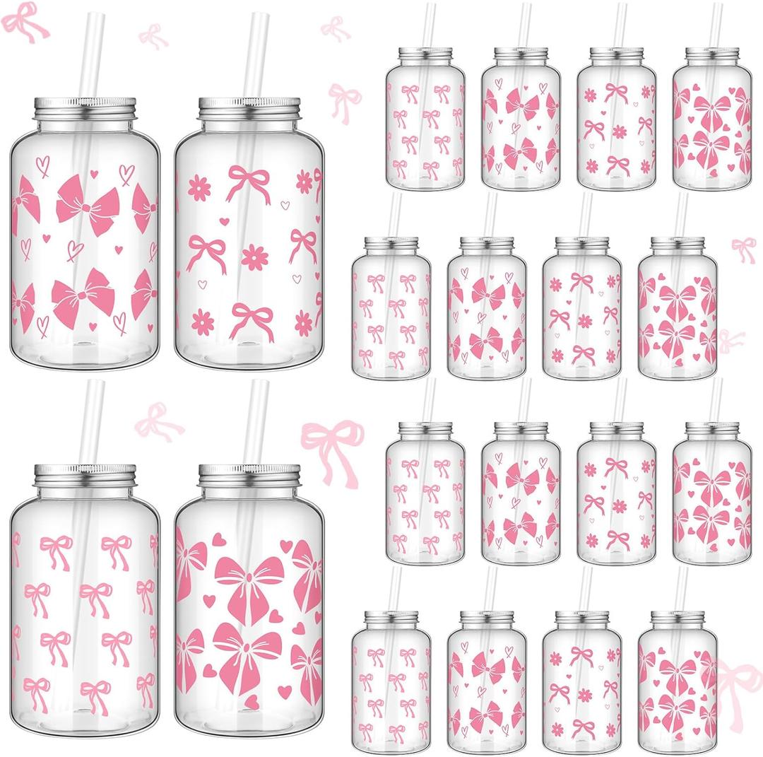 24 Pcs Coquette Bow Aesthetic Cup Pink Bow Plastic Tumbler with Lids and Straws Reusable Cute Plastic Cups for Women Birthday Bridal Shower Wedding Party Supplies(550ml,18 oz)