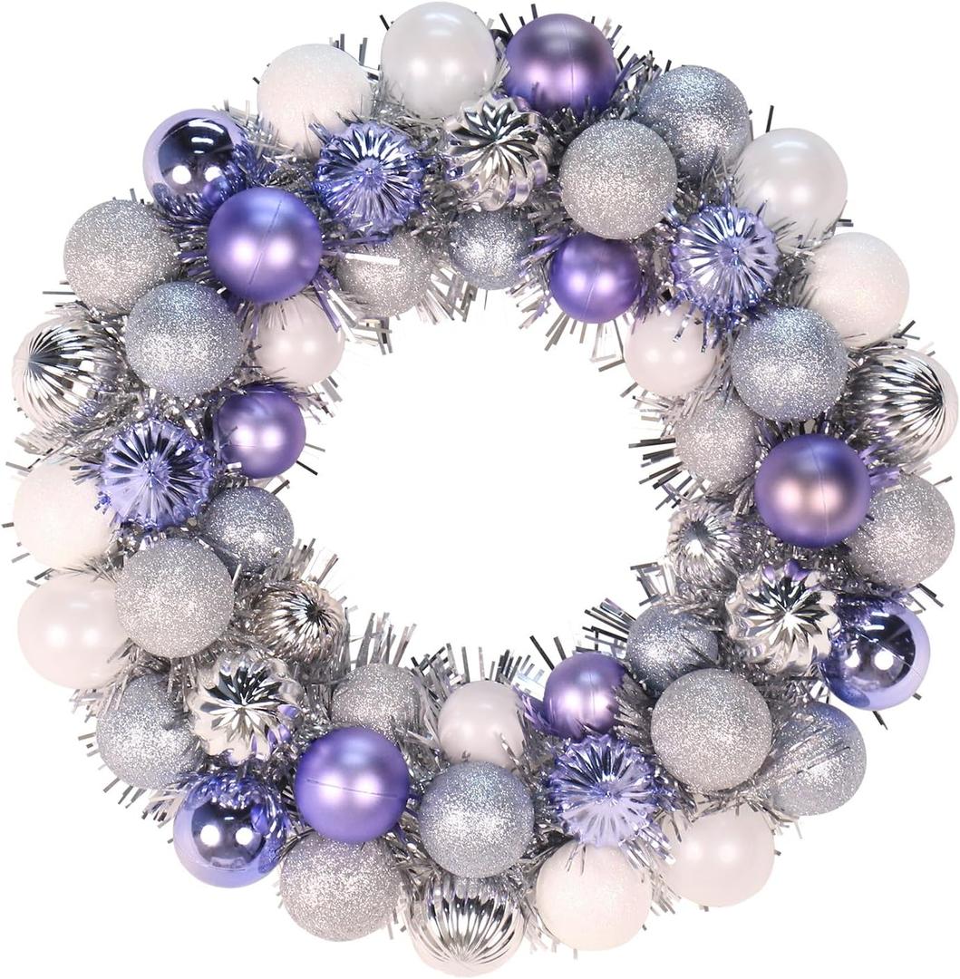 16 Inch Christmas Ornament Wreath Classical Glitter Ball Wreath with Tinsel for Holiday Door & Wall Decoration (Silver and Purple)