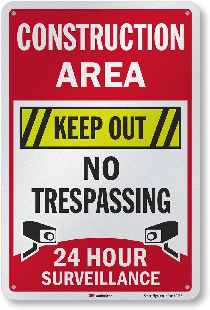 SmartSign 18 x 12 inch “Construction Area - Keep Out, No Trespassing, 24 Hour Surveillance” Metal Sign, 63 mil Aluminum, 3M Laminated Engineer Grade Reflective Material, Multicolor