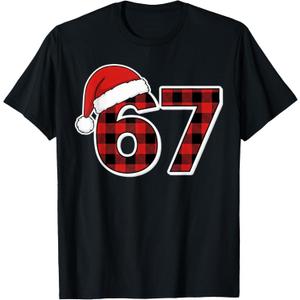 67 Meme Funny Christmas Red Plaid Xmas Pajamas Slang Kids T-Shirt, Size Kids 10