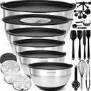 Priority Chef Stainless Steel Mixing Bowls with Lids Set - Premium 30Pcs with 6pc Metal Bowl Set for Kitchen, 3 Graters, Airtight Lids, Non-Slip Bases & Silicone Utensils, Black