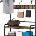 LINZINAR Coat Rack Shoe Bench 3-in-1 Hall Tree with Bench and Shoe Storage for Entryway Heavy Duty MDF Stand Coat Rack Industrial Accent Furniture with Metal Frame, Black (Rustic Black), Onesize
