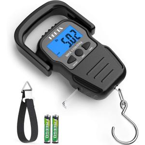 HEETA Fish Scale with Backlit LCD Display, Up to 110lb/50kg Digital Portable Hanging Fish Weight Scale with Hook & Measuring Tape for Home, Farm, Outdoor, Hunting, Fishing, 2 AAA Batteries Included (Black)