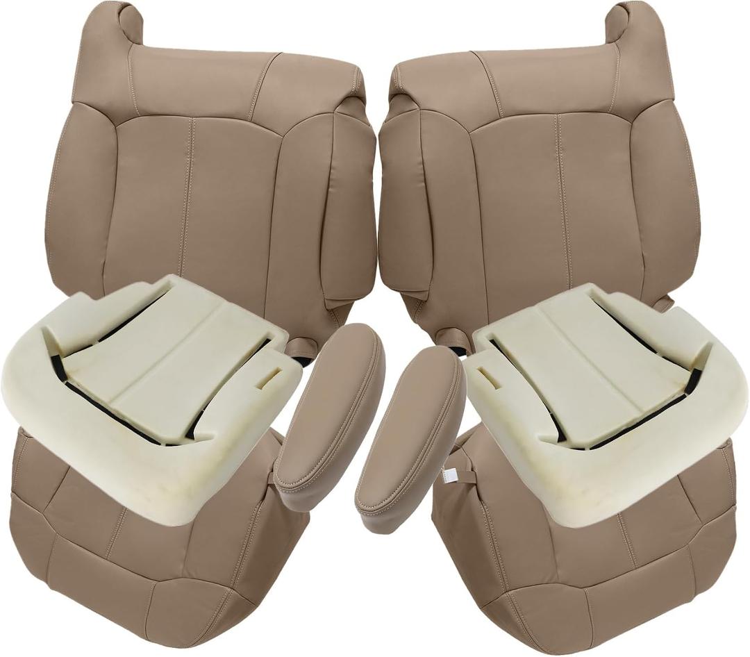 Priprilod Seat Cover Armrest Fit for Chevy Silverado GMC Sierra 1999-2002 | 6PCS Driver and Passenger Bottom Back, 2 Foam Cushions, #522/52i Med Tan Microfiber Leather, 1500 2500HD 3500, SLT SLE Z71