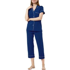 Women's Pajamas Sets 2 Piece Womens Short Sleeve Capri Pants Pajama Sets Tencel Rayon Cotton Pj Sets S-3XL (Navy Polka Dot)