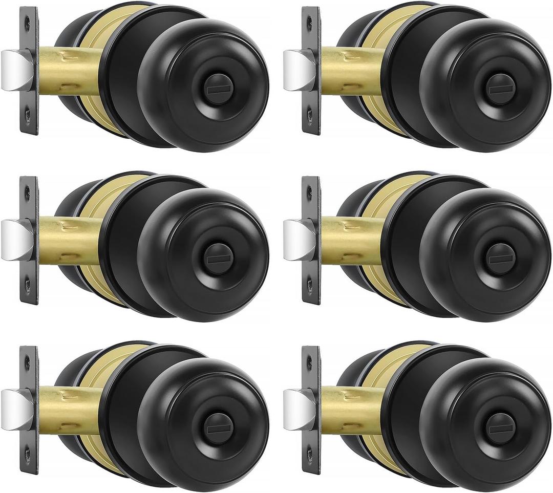 Privacy Door Knobs, 6 Pack Matte Black Door Knobs with Lock, Bed and Bath Door Knob Interior Keyless Locksets, Round Door Handles Reversible for Left Right Handed Doors