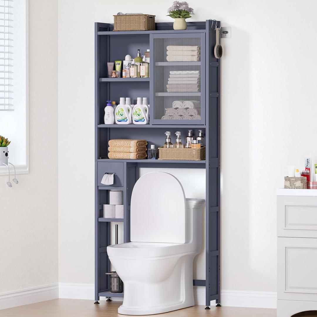Over The Toilet Storage Cabinet with Acrylic Door Panel and Paper Towel Drawer, Bamboo Space Saver Shelf, Bathroom Organizer Rack Above WC (Without Power Strip, Grey)