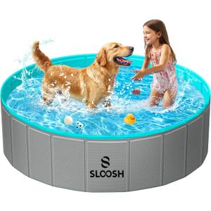 Sloosh Foldable Dog Kiddie Pool - Portable Hard Plastic Doggie Swimming Pool, Anti-Slip Collapsible Pets Bath Tub Suitable for Kids Indoor Outdoor Backyard Use (48" x 12", Grey) (Gray)