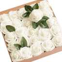 Ling's moment Artificial Flowers 50Pcs Ivory Roses Decor w/Stems,3" Real Touch DIY Foam Floral for Wedding Bouquet/Centerpieces, Outdoors Party Backdrop, Room/Table, and Garden/Pot Decorations
