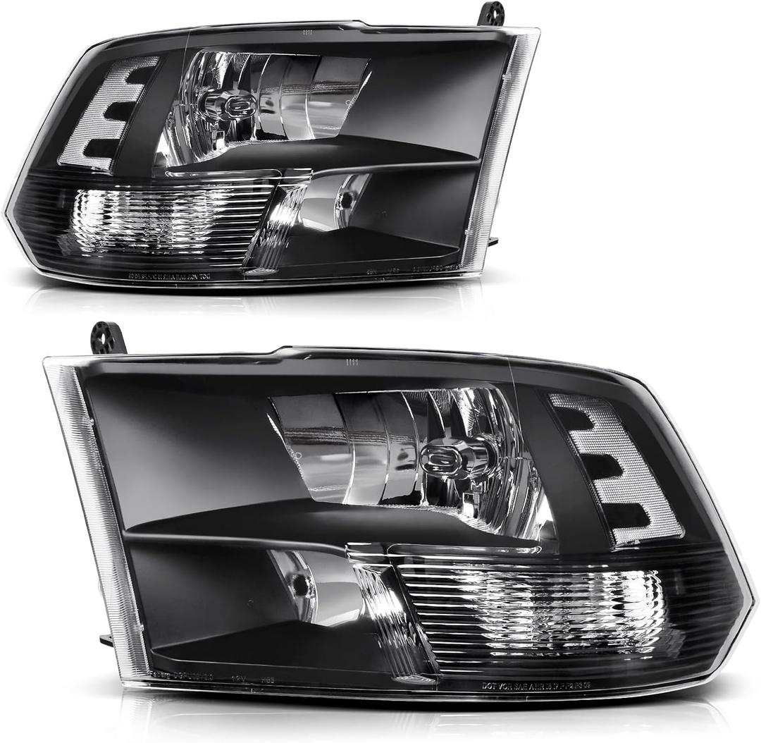 DWVO Headlight Assembly Compatible with 2009-2018 Dodge Ram 1500 2500 3500/2019-2022 Ram 1500 Classic Pickup Headlamp Replacement (Only for Quad Models) (Black Housing Clear Reflector)