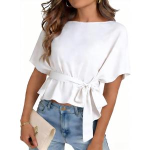 Womens Summer Tie Front Blouses 2026 Crew Neck Batwing Short Sleeve Basic Tops Shirts
