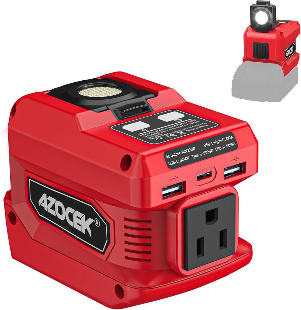 220W Azocek Power Inverter Compatible with Milwaukee 18V Battery, DC 18V to AC 110V Portable Power Station with 1 AC Outlet, 2 USB Ports & 1 Type-C Fast Charging, 400LM LED Work Light