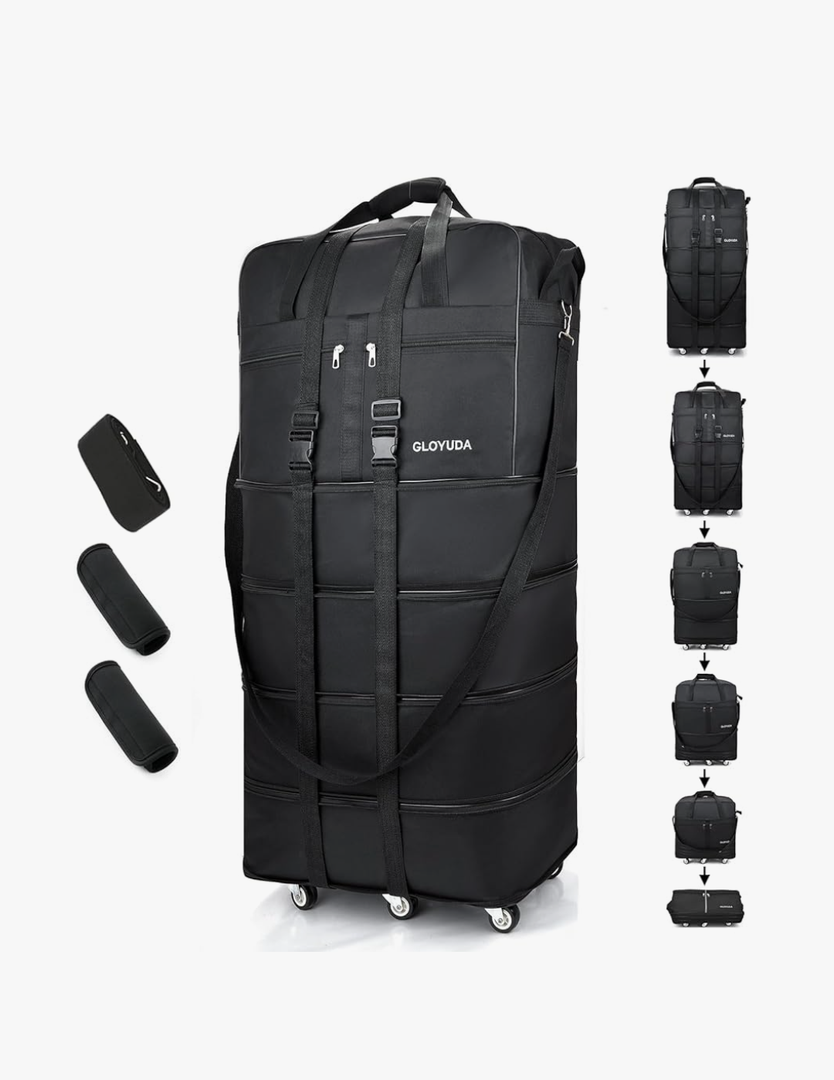 Expandable Foldable Luggage, 42'' Suitcase With Spinner Wheels, Rolling Duffle Bag with Wheels and Handle, Collapsible Luggage With 2 Handle Wrap and 2Fixing Straps1Shoulder Strap (Jet Black)