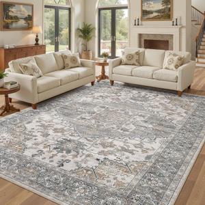 10x14 Washable Area Rugs for Living Room: Non Slip Vintage Gray Brown Rug, Large Soft Stain Resistant Indoor Floor Carpets for Bedroom Dining Room Nursery Home Office Kid & Pet Friendly