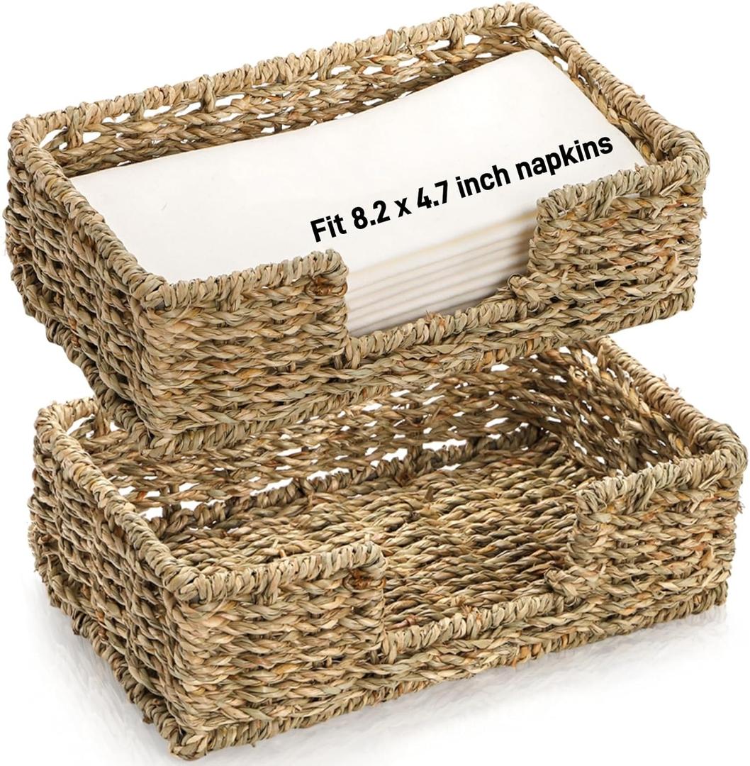 Pumtus 2 Pack Woven Napkin Holders, Seagrass Guest Towel Serving Tray, Fit Napkins 8.2 x 4.7 Inch, Disposable Paper Hand Towel Basket, Rattan Flat Napkin Dispenser for Bathroom Kitchen