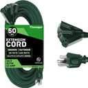 Weatherproof Green Extension Cord 50 ft 3 Outlets, 16/3 SJTW Outdoor Extension Cord with Multiple Outlets 50 Foot, 13 AMP Exterior Electric Cable 3 Way Plug for for Outdoor Lights, Landscaping