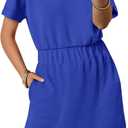 ANRABESS Womens Dresses 2026 Summer Casual Short Sleeve Crew Neck Elastic Waist Mini T Shirt Dress with Pockets (Medium, Royal Blue)
