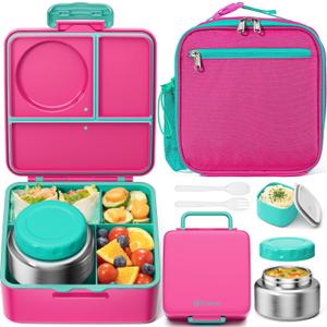 Fimibuke Bento lunch Box Set for Kids Adult with 8oz Insulated Food Jar, Lunch Bag & Sauce Cup, Leakproof Dishwasher Safe Toddler Lunch Food Container with 3-4 Compartment for School Girls Boys (A8.Bright Coral & Teal)