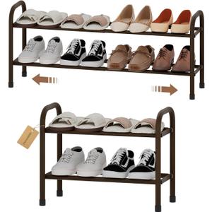 Expandable Shoe Rack, 2-Tier Metal Small Shoe Rack, Adjustable Shoes Organizer, Storage Shelf for Closet, Entryway, Brown