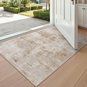 DEXI Ultra Thin Washable Entryway Door Mat 2x3, Abstract Small Rug with Non Slip Backing, Stain Resistant Low Pile Mats for Entry Patio Indoor Entrance, Khaki