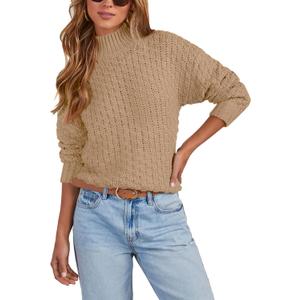 Women's Textured Mock Neck Knit Sweater Long Sleeve Turtleneck Sweater 2024 Fall Winter Chunky Knitted Pullover Jumper Tops (XX-Large, Khaki)
