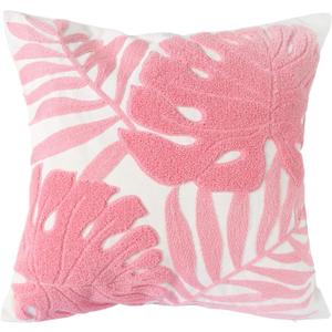 Embroidery Throw Pillow Cover 18x18 Home Decor Floor Pillow Cover for Couch Sofa Chair 100% Cotton Loop Embroidered Pink Tropical Leaves Cushion Cover Square Pillowcase 45x45cm, 1 Piece