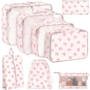 KPX 8 Set Packing Cubes for Travel, Luggage Packing Organizers Accessories Large Toiletries Bag for Clothes Shoes Cosmetics (8Set-Pink Bow)
