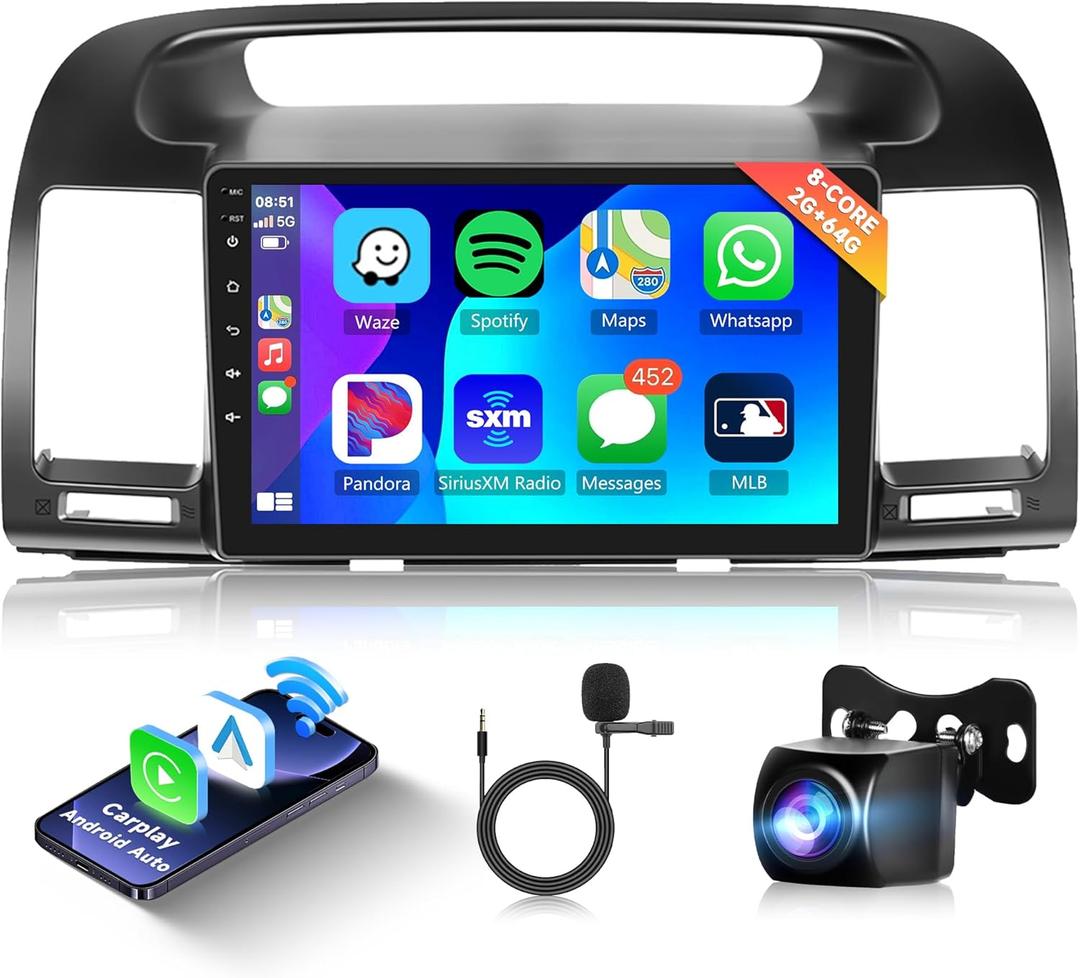 8 Core 2+64G Android Car Radio Car Stereo for Toyota Camry 2000-2006 with Wireless Carplay Android Auto, 9 Head Unit Touch Screen Mirror Link WiFi GPS Navigation Bluetooth FM RDS DSP Backup Camera