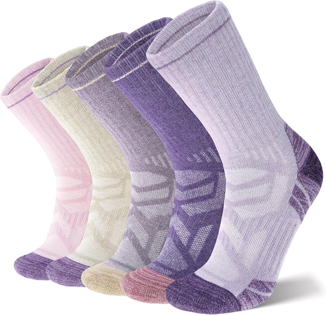 ANTSANG Merino Wool Hiking Socks, Enhanced Breathability, Targeted Cushion Thermal Socks for Men and Women, 5 Pairs(Pink/Purple, M)