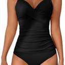 B2prity Women's Ruched Tankini Swimsuits V Neck Wrap Tie Back Two Pieces Bathing Suit Tummy Control Swimwear (Medium, Black)