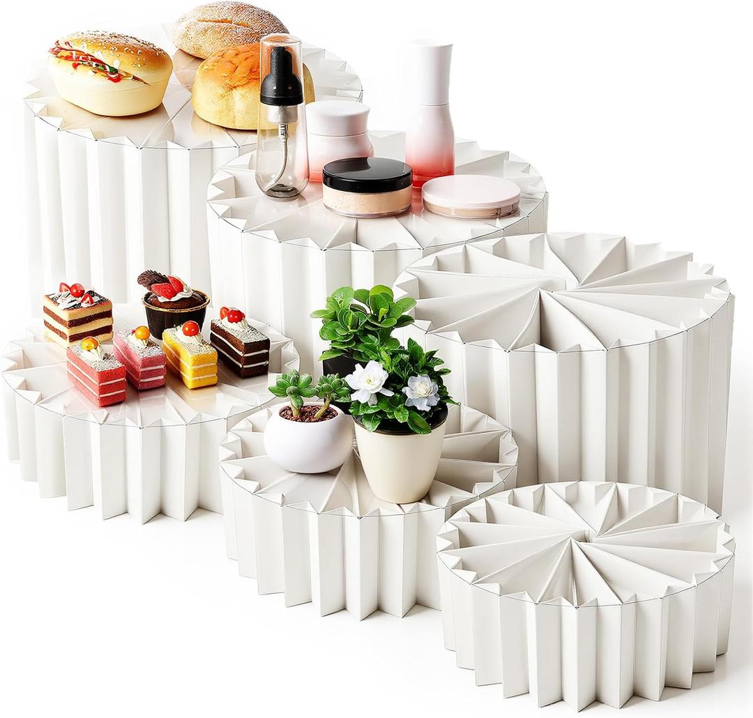 6 Pcs Foldable Multi-Height Buffet Risers and Stands, Food Risers for Buffet Table, 12" White Cardboard Cylinder Stands with Acrylic Plates, Tall Cake Stand Cupcake Stand for Party, 2 Different Sizes