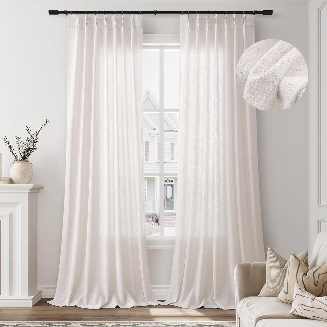 Cream Pinch Pleated Linen Curtains 120 Inches Long 2 Panels Natural Semi Sheer Light Filtering Curtains Light Beige Boho Pleat Drapes with Hooks Back Tab for Living Room High Window Curtain 40x120