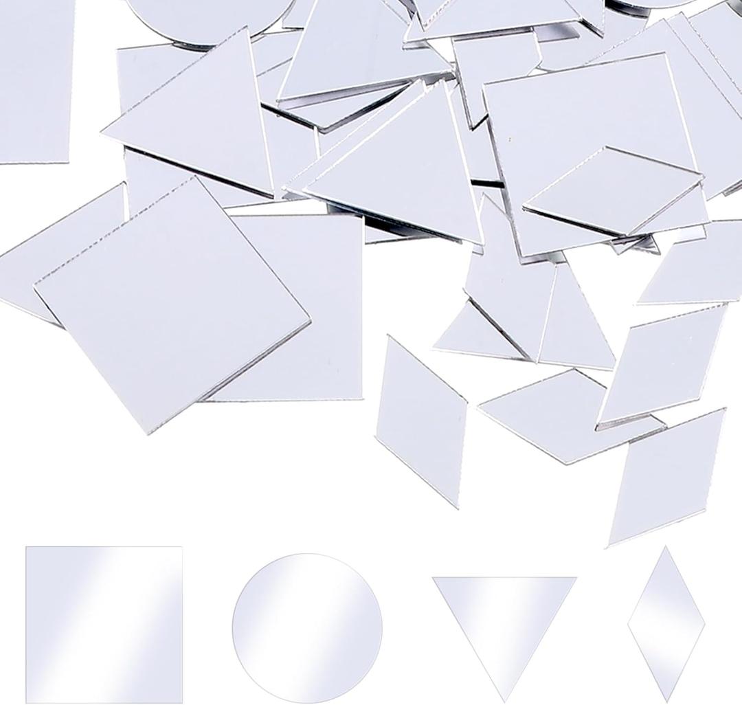 120 Pcs Mirror Pieces for Crafts, 4 Shapes Self-Adhesive Mosaic Glass Pieces, Acrylic Mirror Mosaic Tiles, Triangles/Squares/Rounds/Rhombus for DIY Art, Wall Decor, Jewelry & Frame Making