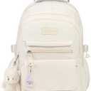 PRLINJSK Girls Backpack for College High Middle School Student, Cute Aesthetic Bookbag for Teens Women with Accessories, Beige