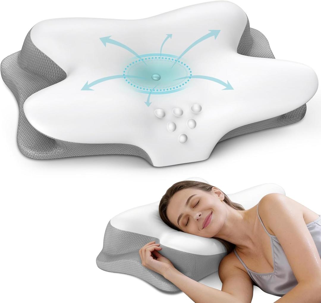 Cervical Neck Pillow for Pain Relief, Ergonomic Side Sleeper Pillow for Sleeping, Contour Orthopedic Memory Foam Pillows for Back & Stomach Sleepers with Pillowcase (White)
