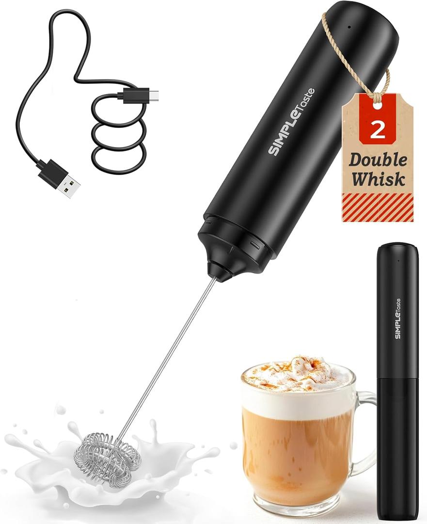 SIMPLETaste Milk Frother Wand Rechargeable Handheld Drink Mixer, USB-C Electric Whisk with Stainless Steel Whisk for Coffee, Lattes, Cappuccino, Matcha, Hot Chocolate&Creamer