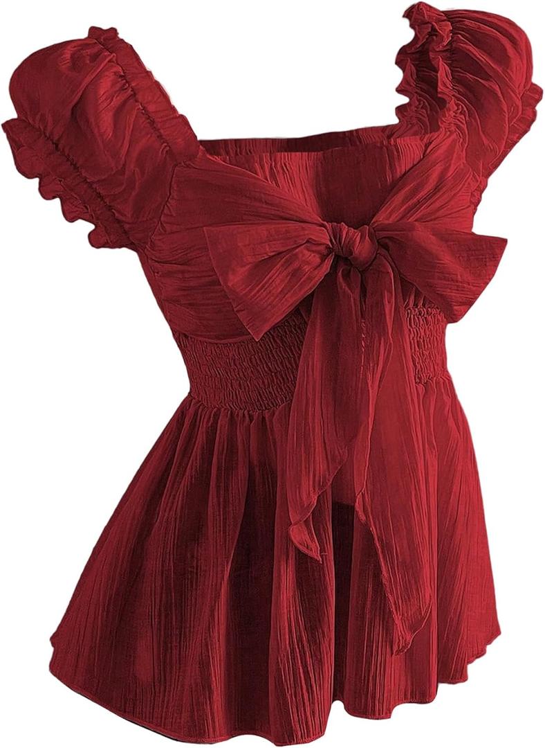 SHENHE Women's Summer Puff Sleeve Peplum Blouse Smocked Tie Bow Coquette Chiffon Shirt Top (Red, M)
