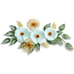 Otoolling 13.7'' Metal Flower Wall Decor, 3D Light Blue & Gold Floral Sculpture with Green Leaves, Hanging Wall Art Accent for Living Room, Bedroom, Bathroom, Home Indoor Outdoor Decoration