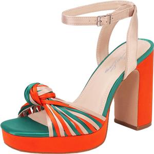 sun gurg Strappy Platform Heels for Women Square Open Toe Chunky High Heels Multicolored Ankle Strap Block Heeled Sandals for Prom Wedding Date Night (9, Orange)