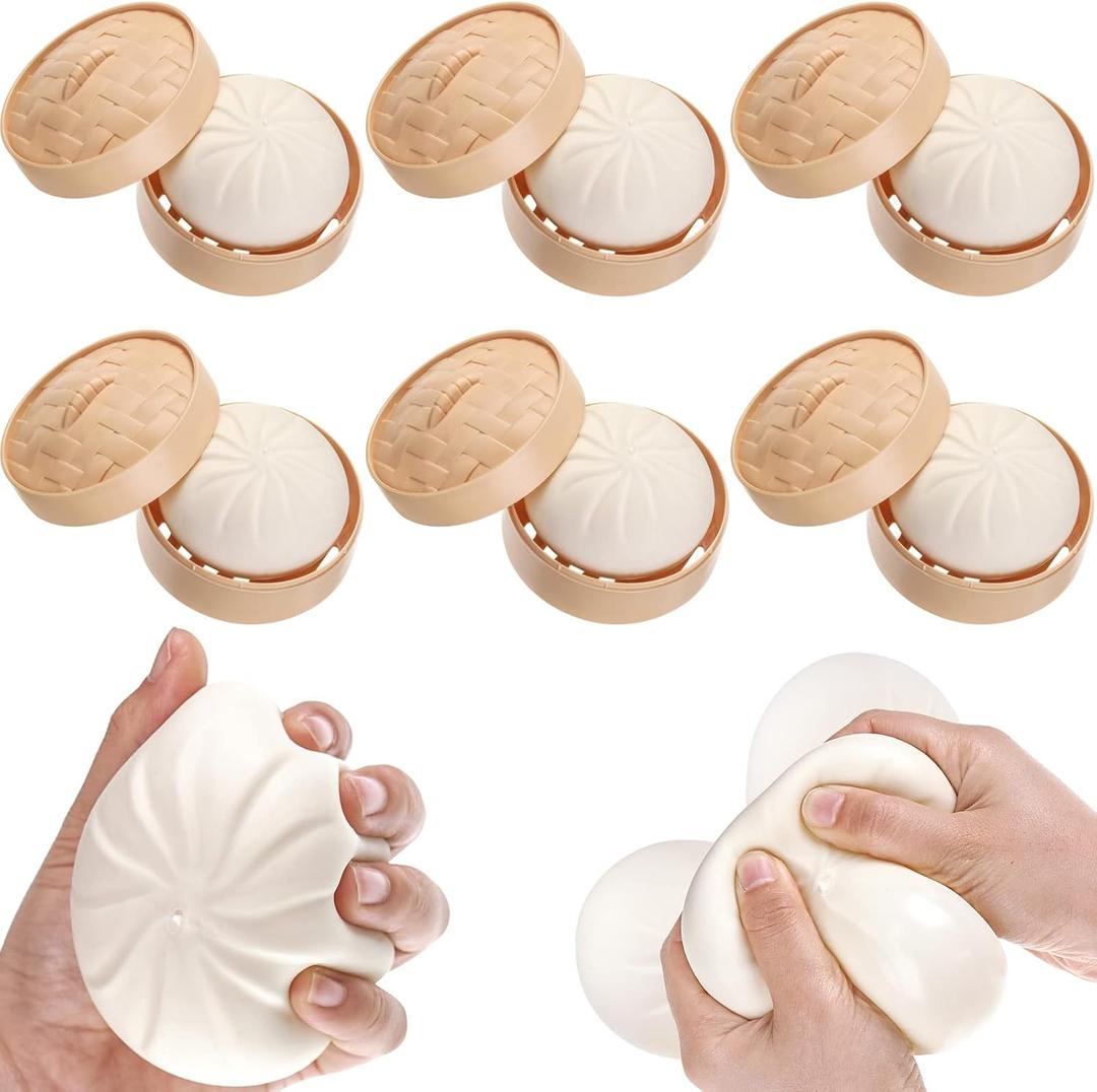 Civaner 6 Pack Dumpling Stress Fidget Relief Toy, Sensory Steamed Stuffed Stretch Bun Stress Relief Toy, Balls Food with Mini Steamer Kit for Kids Adult Gifts