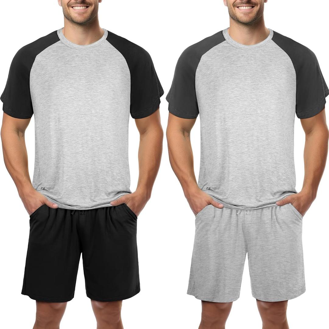2 Sets Men's Pajamas Short Sleeve Pyjama Modal Sleepwear Shorts with Pockets Nightwear Soft Comfy Pjs Set (L)