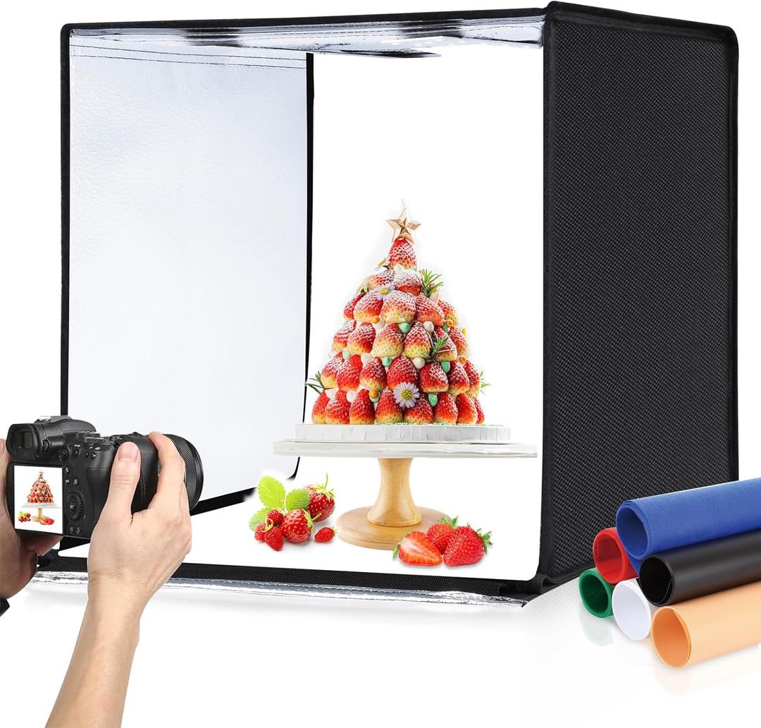 PULUZ Light Box Photography, 24x24 inch Large Photo Studio Light Box, Professional Dimmable Photo Booth with 120 LED Lights & 6 Backdrops for Jewelry and Food Items Product Photography (24*24 Inch)
