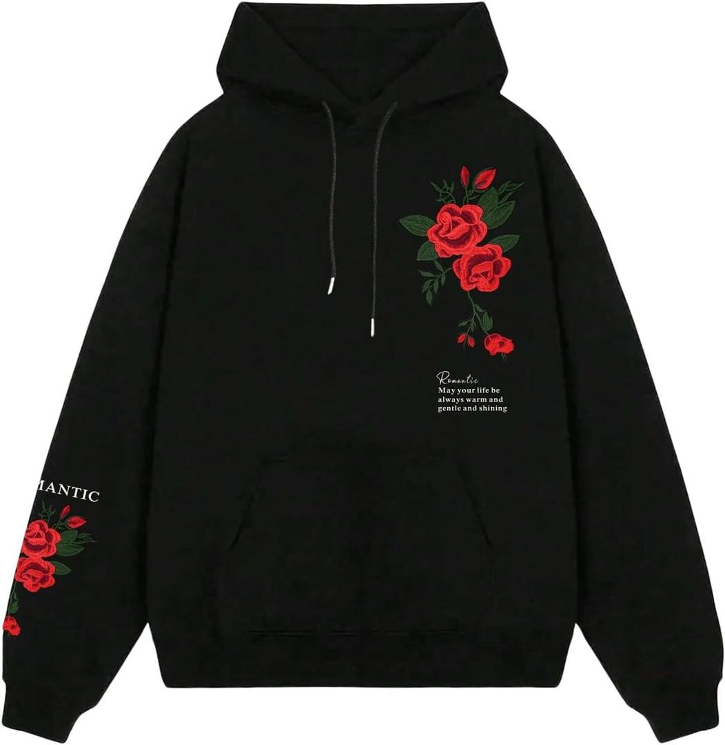 SOLY HUX Men's Floral Print Casual Graphic Hoodies Drawstring Long Sleeve Pullover Sweatshirt (Black, XL)