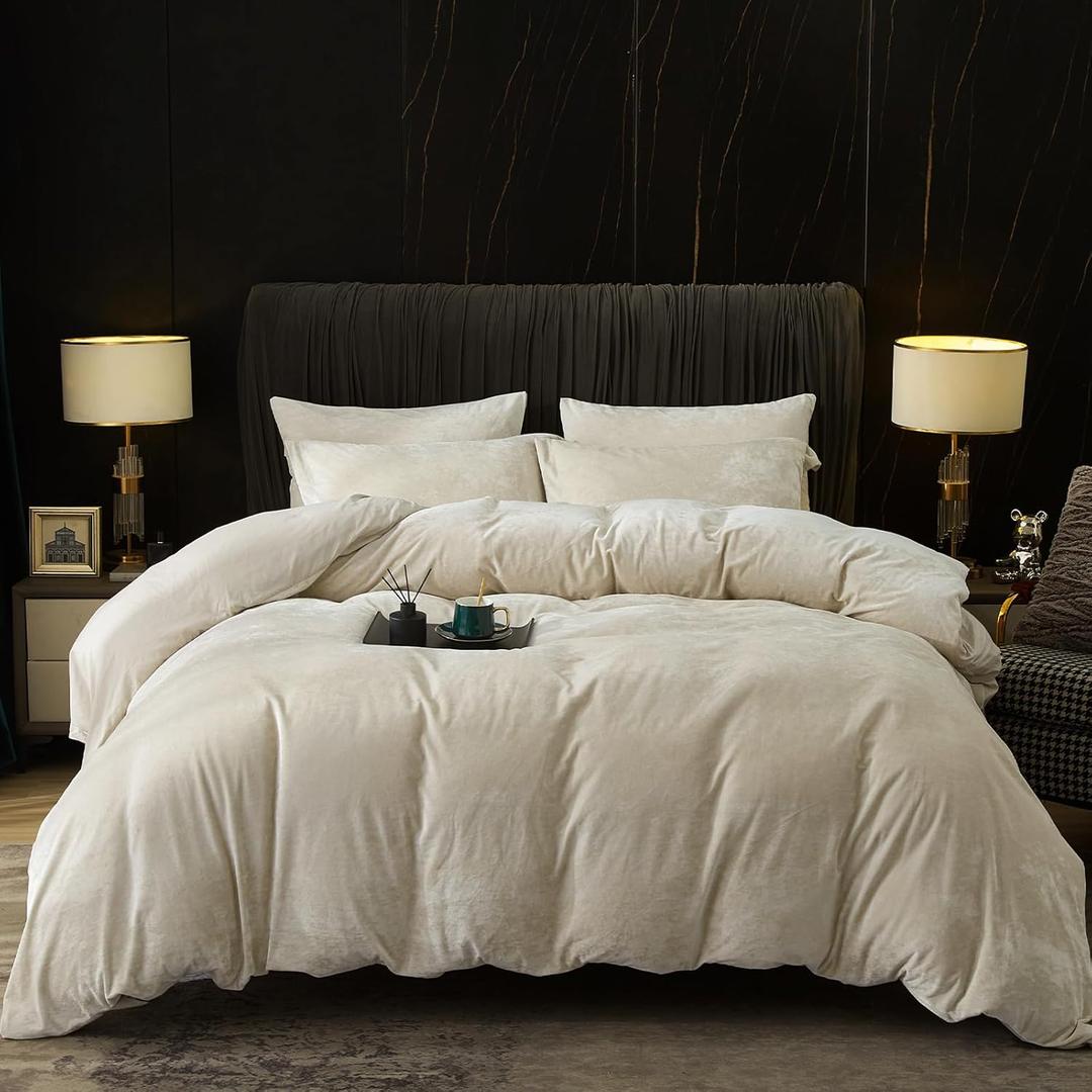 PHF Truly Velvet Duvet Cover Set King Size, 3pcs Ultra Soft Breathable Comforter Cover Set, Luxury Cozy Flannel Duvet Cover with Pillow Shams Bedding Collection, 104" x 90", Sand